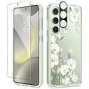 GVIEWIN Compatible with Samsung Galaxy S24 Case Floral, with Screen & Camera Lens Protector, Hard PC&TPU Bumper Clear Shockproof Protective for Galaxy S24 Phone Case Women 6.2"(Hibiscus/ Green)