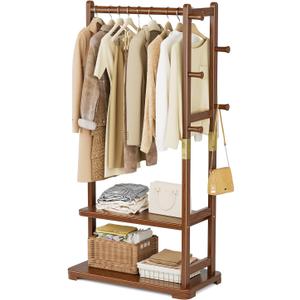 Coat Rack Solid Wood Clothes Rack with 2 Shelves & 4 Hooks for Hanging Clothes Garment Wallets Hats, Clothing Rack Heavy Duty Coat Rack Freestanding with Storage Hall Tree for Hallway Bedroom