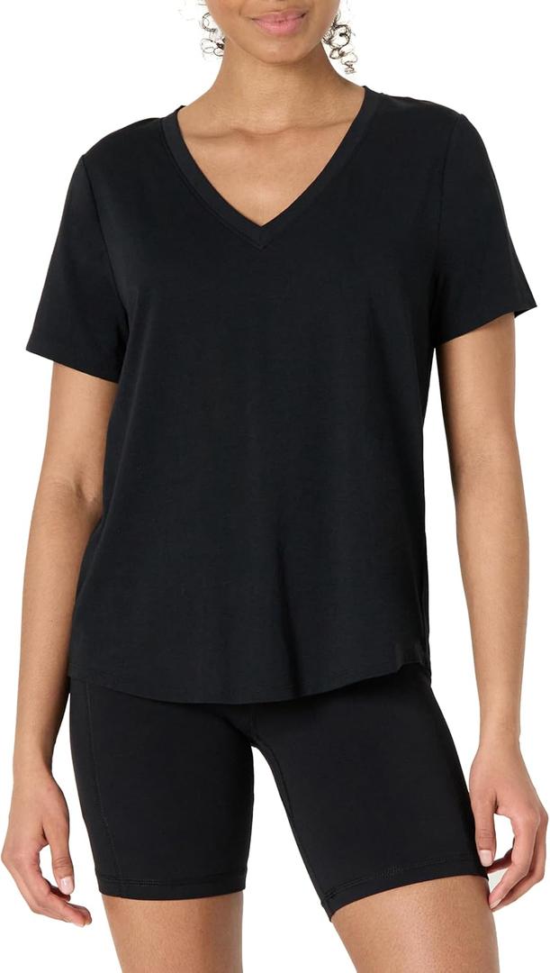Amazon Essentials Women's Active Soft Cotton Relaxed Fit V-Neck Short Sleeve Lightweight Yoga Workout T-Shirt (Large, Black)