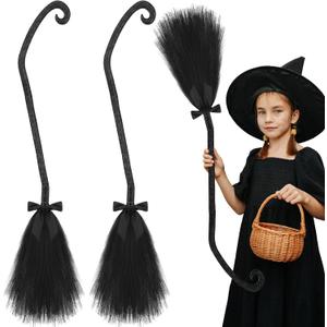 Liliful 2 Pcs Halloween Witch Broom with Ribbons Wizard Accessories Wizard Decor Costume Witch Broomstick for Kids Adults Party Cosplay Decorations, Black