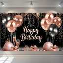 BlissYard Rose Gold and Black Happy Birthday Banner Backdrop Large Happy Birthday Glitter Balloons Photo Booth Photography Background Banner Supplies for Girls Women Birthday Party