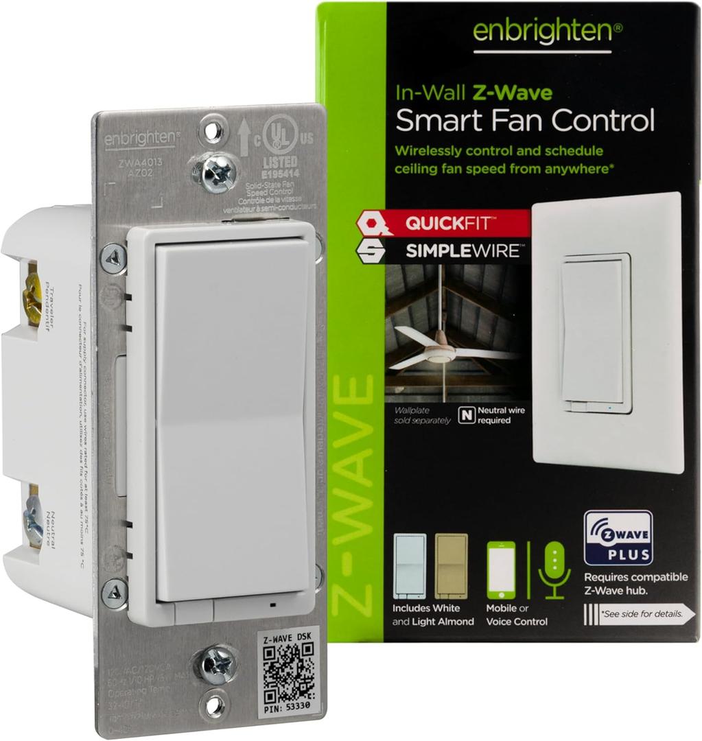 Enbrighten Z-Wave Plus Fan Control, Works with Alexa, Google Assistant, 3-Way Compatible, Z-Wave Hub Required, Repeater/Range Extender, Smart Ceiling Fan Control, Smart Switch, 700 Series, 58446.