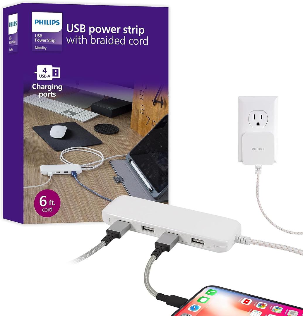 Philips Cable de extensin USB de 24 W, estacin de carga, para iPhone 11/Pro/Max/XS/XR/X/8, iPad Pro, Samsung Galaxy S10/S9/Plus, Google Pixel, USB-A, cable trenzado de 6 pies, DLK2506/27