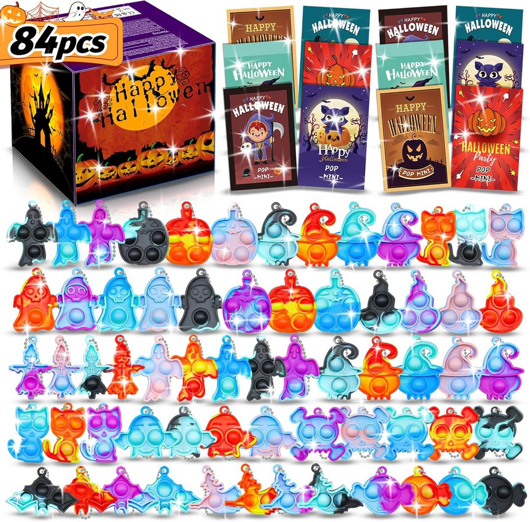 84Pcs Halloween Pop Keychain Fidget Toys Pack, Party Favors for Kids, Classroom Prizes Box, Treasure Chest Treat Bags Gifts, Goodie Bags Stuffers