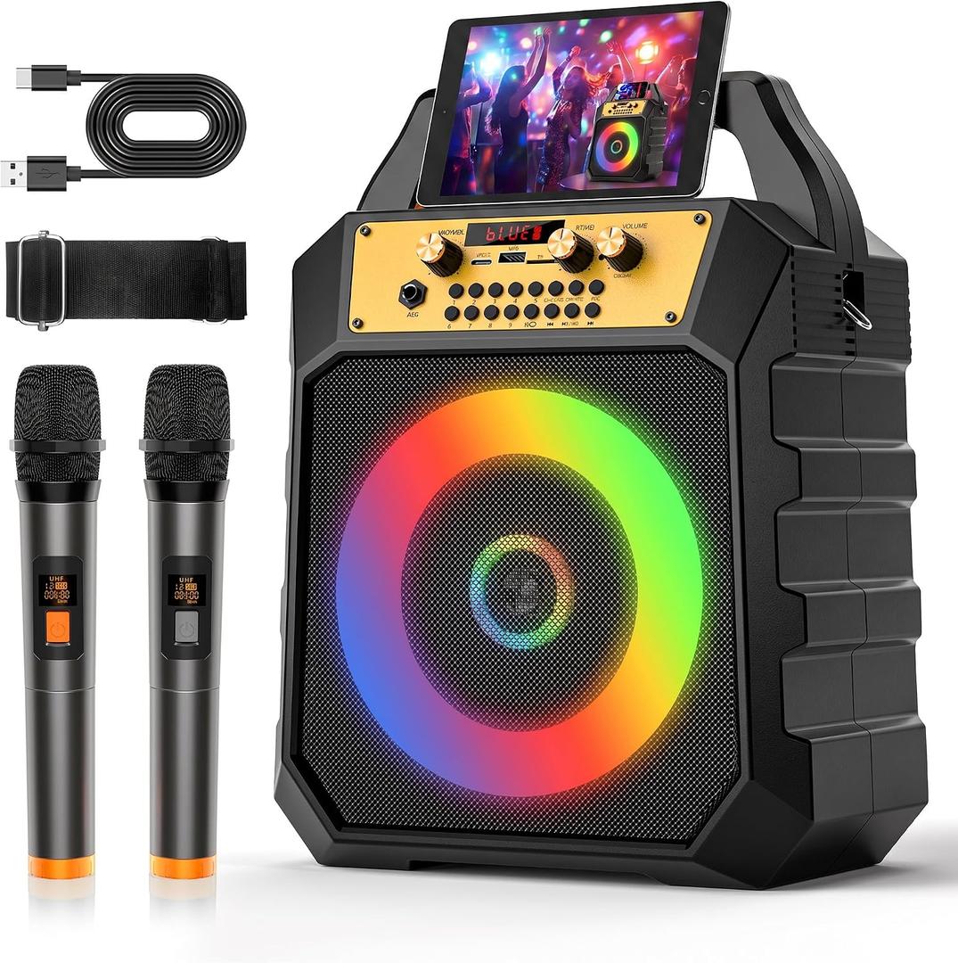 Portable Karaoke Machine for Adults & Kids Coaxial Speaker with 2 Wireless Microphones,Bluetooth PA System with 5 Dynamic LED Lights Mode,Supports TF/SD/USB,AUX,FM,REC for Home Party(171-black)