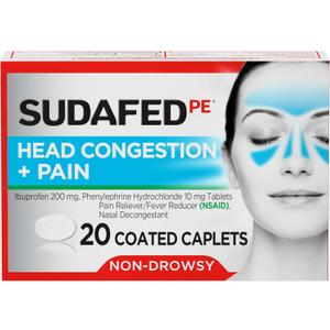 Sudafed PE Non-Drowsy Head Congestion + Pain Relief Caplets with Ibuprofen 200 mg & Phenylephrine HCl 10 mg, Nasal Decongestant & NSAID Pain Reliever & Fever Reducer, 20 ct