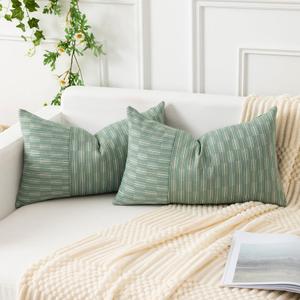Kevin Textile Sage Green and Beige Patchwork Farmhouse Throw Pillow Covers 12 x 20 Inch, Pack of 2 Spring Striped Linen Decorative Pillow Case for Sofa Couch Chair Bedroom Modern Decor