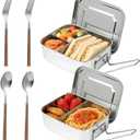 2 Pcs 304 Stainless Steel Bento Box, 1200ml 3-Compartment Metal Lunch Container with Fork and Spoon, Leak Proof Metal Lunch Container for Youngsters and Adults