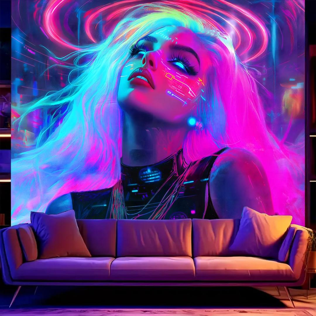BSFHH Black Light Tapestry – UV Reactive Glow in the Dark Wall Hanging, Long-Haired Woman and Animal Black Light Tapestry, Wall Hanging Fluorescent Art Decoration, Bedroom, or Dorm (white-haired woman, 79"x59")