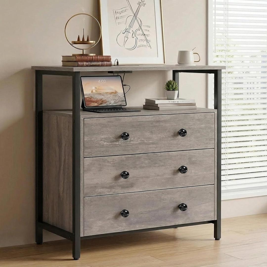Edbuosy 3 Wooden Drawers Night Stand, 27 Inch Wide Nightstand with Charging Station and Adjustable Drawers, Small Dresser for Closet, Bedside Table for Living Room/Bedroom/Office, Gray.