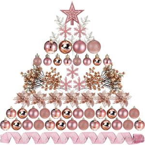 Sratte 94 Pcs Christmas Tree Decorations Set, Christmas Tree Ball Ornaments Glitter Poinsettia Flowers Decorations Glitter Berries Stems for Xmas Holiday Wedding(Rose Gold)
