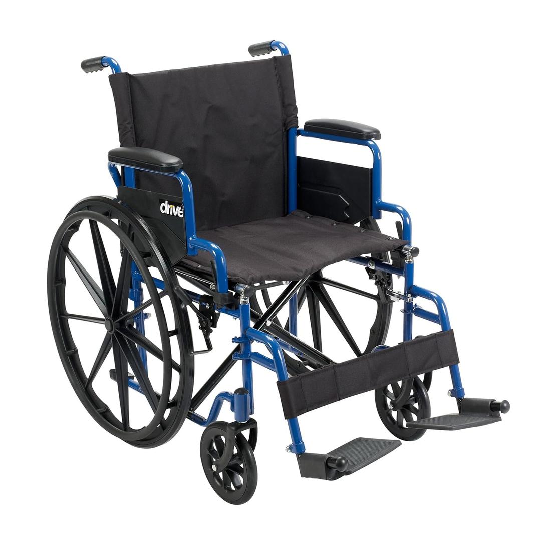 Drive Medical Blue Streak Lightweight Wheelchair - Portable Folding Mobility Aid - Swing-Away Footrests - Desk Arms - Durable Steel Frame - Easy Transport & Storage - 20-Inch Seat