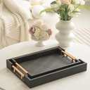 1 Piece Woven Leather Ottoman Tray with Gold Handles, Perfect Rectangular Serving Tray for Living Room, Coffee Table Tray as Thoughtful Gift for Home Decor Enthusiasts (Black)