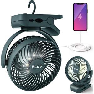 Rechargeable Camping Fan - 65H 12000mAh With Output Ports, Hanging Hook, 360 Head Rotation for Tents, Camp, Green