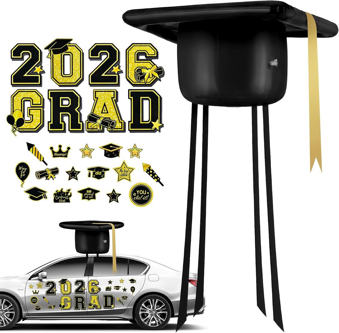 25 Pcs 2026 Graduation Cap Car Decorations Kit 19.7" Class of 2026 Inflatable Graduation Cap Decors Black and Gold Congrats Grad Magnets Letters Bulk for Senior High School Collage Prom Party Decors