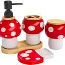 Mushroom Bathroom Decor Set  Ceramic Soap Dispenser, Toothbrush Holder, Canister, and Soap Dish with Bamboo Accessories  Cottagecore Bathroom Gifts for Women