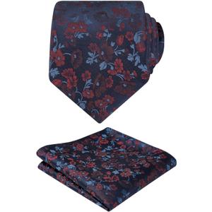 Alizeal Mens 3.15inches Flower Patterned Tie with Floral Printed Pocket Square (109-navy/Maroon)