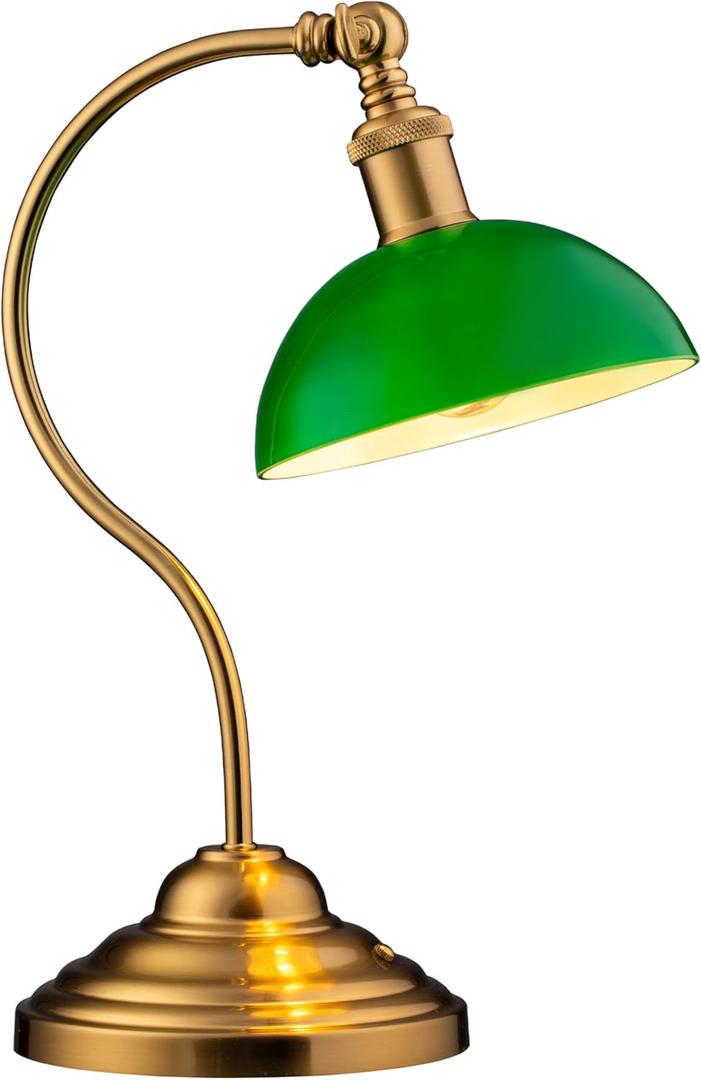 O'Bright Bankers - Cordless LED Table Lamp, Battery-Operated, Rechargeable, 3-Level Dimming, Universal USB-C Charging, 180 Swivel Head, Classic Green Glass Shade, Antique Brass (Antique Brass-Green Glass)