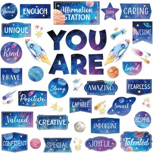 45pcs Space Affirmation Station Bulletin Board Set Motivational Posters Classroom Mirror Growth Mindset Decor Positive Affirmations Accents Cutouts for School Office Home Teacher Wall Supply