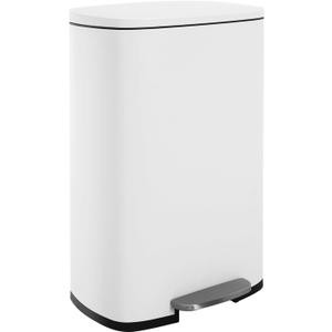 FDW | 13 Gallon Trash Can with Lid | White | Fingerprint-Proof | Made of Brushed Stainless Steel | Soft-Close Step Pedal | Hands-Free Use | Easy to Clean | for Kitchen, Office, Bathroom