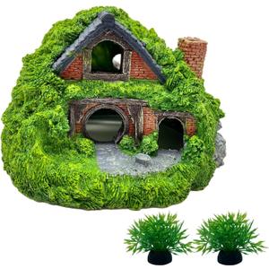 Tfwadmx Fish Tank Hobbit Decorations,Resin Small Fish Cave Hideout House,Aquarium Decor Hide Hole Shelter Hut Ornaments Mini Garden Decorating Accessories (Green-5.5 X 5.3 X 3.5 Inches)