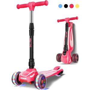 LOL-FUN Toddler Scooter for Kids Ages 3-12 Years Old Boy Girl with 3 Wheel LED Lights, Extra-Wide Childrens Foldable Kick Scooter Kids Ages 3-5 with 4 Adjustable Height and Lean-to-Steer (Hot Pink)