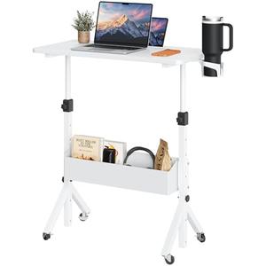 ErGear Mobile Standing Desk with Wheels, Adjustable Height 28.3″ to 46.1″, Rolling Laptop Cart with Cup Holder, Storage Basket, Computer & Pen Slot, Home Office Stand Up Desk, White (31.5″ x 15.75″)