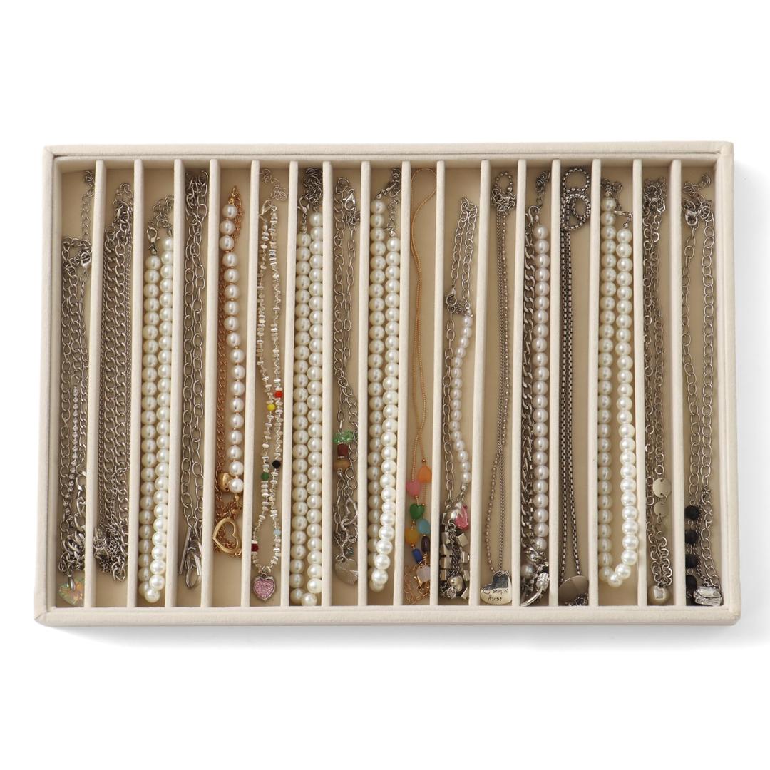 KATISYIO Large Jewelry Organizer for Drawer Insert Velvet Stackable Jewelry Trays for Earring Necklace Bracelet Ring Display (Beige, 16 Grids)