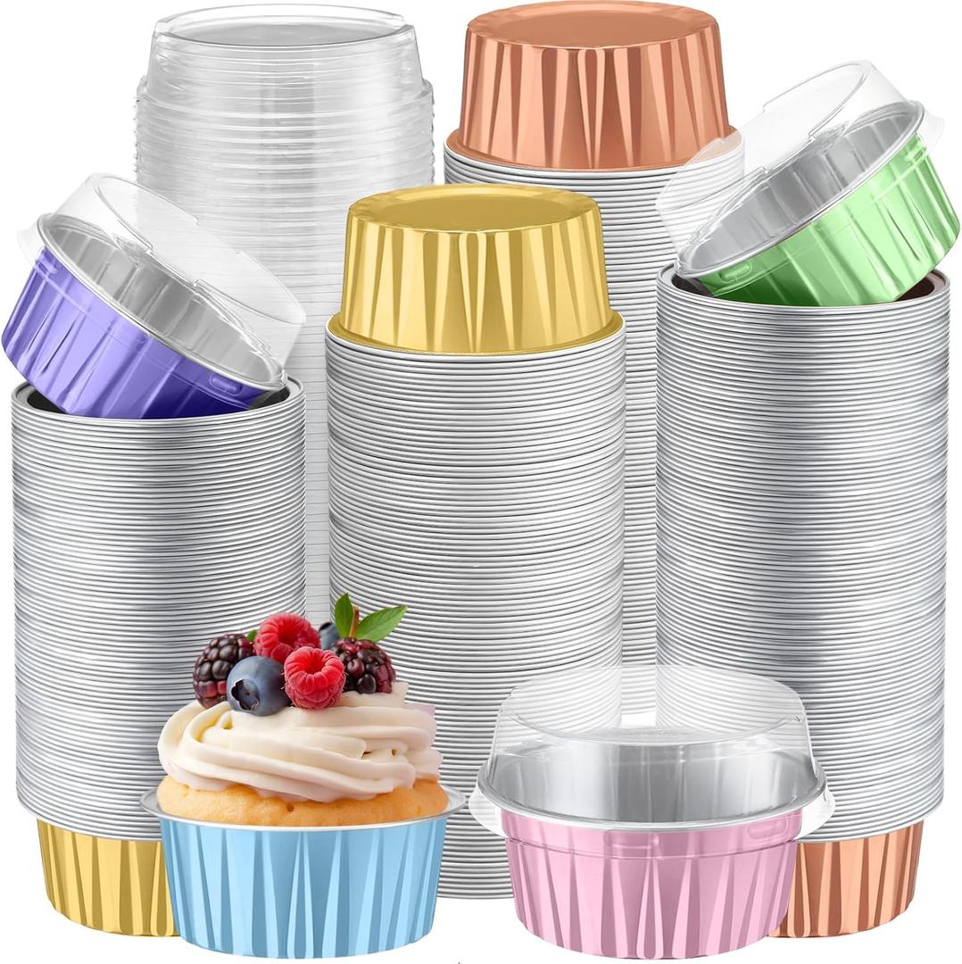 Gejoy 400 Pcs Aluminum Foil Baking Cups with Lids 5 oz Disposable Ramekins Mini Cake Pans Creme Brulee Cupcake Liners Muffin Tins Flan Mold Dessert Container for Wedding (Light Color,Classic)