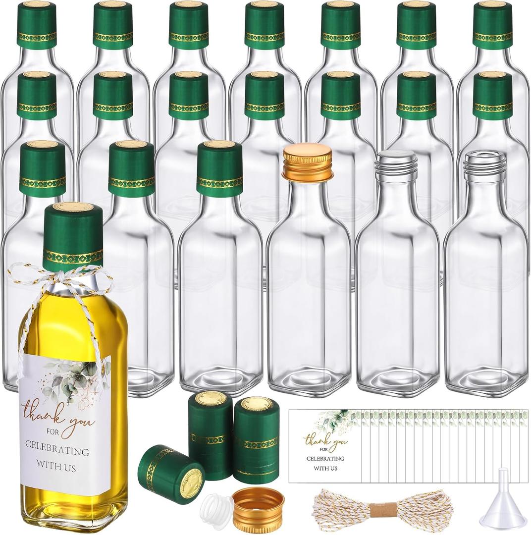 Reallnaive 20 Pack 3 oz Mini Glass Olive Oil Bottles Set, Homemade Wedding Sauce Gift Bottles Leakproof Screw Cap, Thank You Wedding Stickers for Storing Oil Honey Bridal Baby Shower Favors (Green)