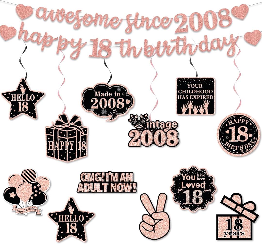Pre-Strung 18th Birthday Banner Decorations for Girls, Glitter Happy 18th Birthday Decor, Rose Gold Eighteen Years Bday Hanging Swirls Party Supplies