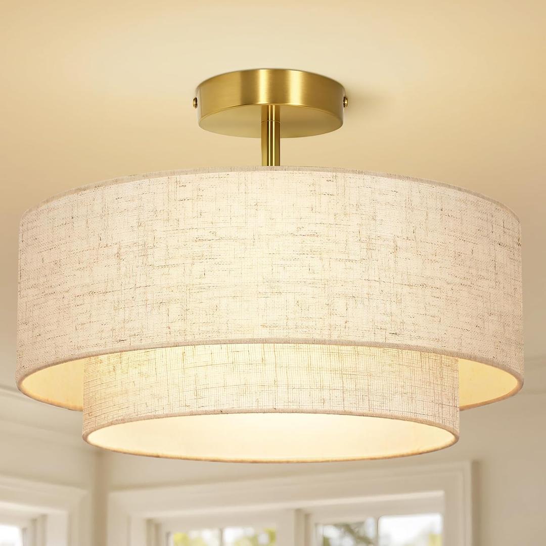 OUTON 16" Semi Flush Mount Ceiling Light Double Drum Gold 3-Light, Modern Linen Fabric Shade Ceiling Light Fixture for Living Room, Bedroom, Kitchen, Dining Room, Hallway and Entryway