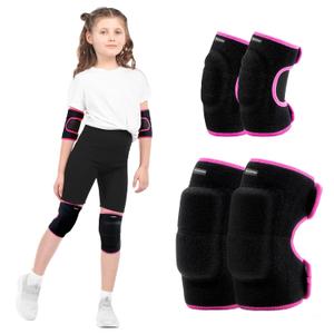 Kids Youth Adjustable Knee Elbow Pads Set with Thickened SBR Pads for Riding Rollerblading Skating Skateboarding Snowboarding Volleyball (Black-Pink)
