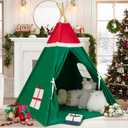 Christmas Tent for Kids with Padded Mat Cotton Canvas Teepee Tent Indoor for Toddlers Kids Play Tent for Girls Boys with Stars Lights, Carry Bag, Banner Flag (Merry Christmas)