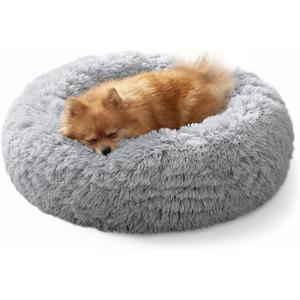 JOLLYVOGUE Calming Dog Bed for Small Dogs - 23 inches Donut Washable Small Dog Bed for Kittens & Puppies, Anti-Slip Round Fluffy Plush Faux Fur Cat Beds (Fits up to 25 lbs Pets, Grey) (01 - Smoke Grey)