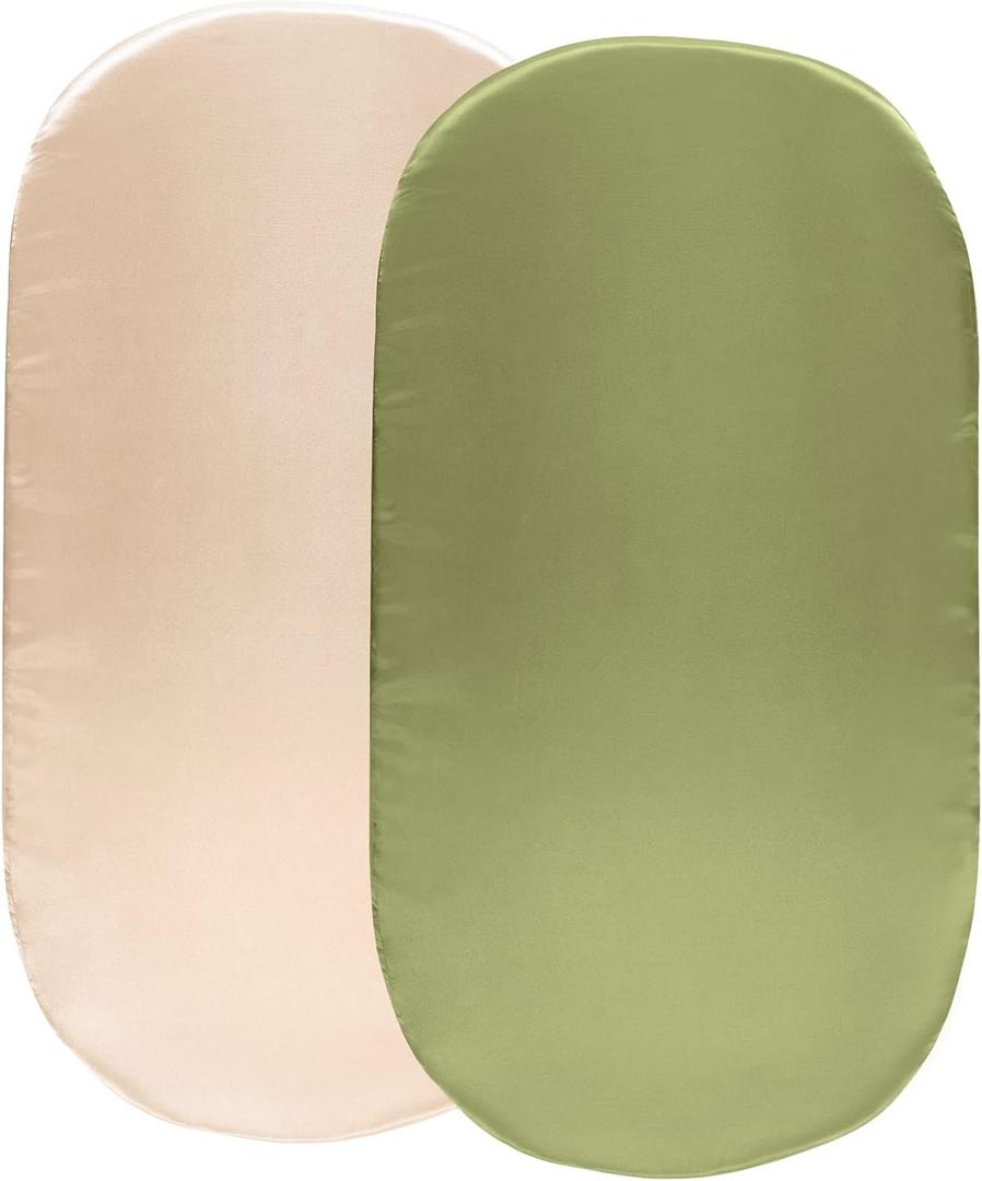 SiinvdaBZX Satin Bassinet Sheet Set 2 Pcs, Silky Soft Fitted Bassinet Sheets for Hourglass, Oval & Rectangular Bassinet Mattress (Beige & Sage Green)