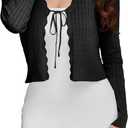 CARDYDONY Women's Cropped Cardigan Tie Front Long Sleeve Rib Knit Bolero Shrug Sweaters S-XL (Black, M)