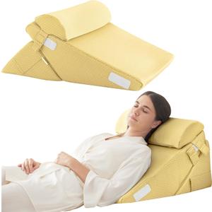 Bedluxe Adjustable 3pcs Bed Wedge Pillow Set, Memory Foam Wedge Pillows Post Surgery for Back, Neck, Leg Pain Relief, Pillow Wedge for Sleeping, Sitting up in Bed, Acid Reflux and GERD, Beige Yellow (Adjustable 9&12 Inch + 1 Head Pillow)