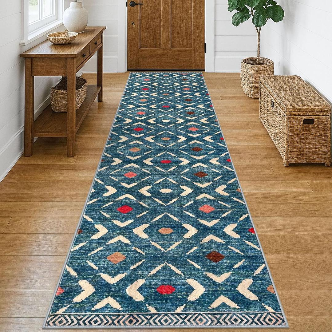 KILOCOCO Hallway Runner Rug 3x10 Runners for Hallways Washable Runner Soft Non Slip Printed Geometric Rubber Backed Low-Pile Rug Runners for Bedroom Kitchen Living Room Boho Rugs, Teal/Blue