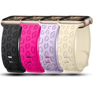 4Pack Leopard Engraved Bands Compatible with Apple Watch Band for women 38/40/41/42mm(Series 10), Soft Silicone Cheetah Sport Strap 