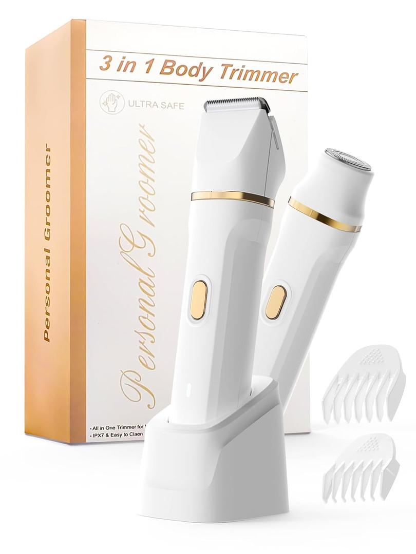 Bikini Trimmer for Women Painless, IPX7 Waterproof Rechargeable Electric Shaver Razors for Women, Pubic Hair Trimmer, Facial Hair Removal Cordless Ceramic Blade, Charge Dock, Gifts (White)