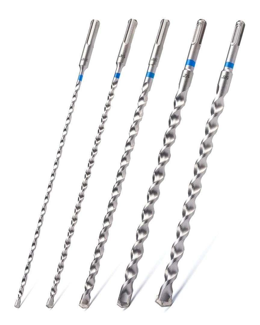 toolant SDS Plus Rotary Hammer Drill Bits Assorted Set 5pcs(3/16"-5/8") 12inch,Carbide Tipped 2-Cutter for Concrete,Masonry and Brick