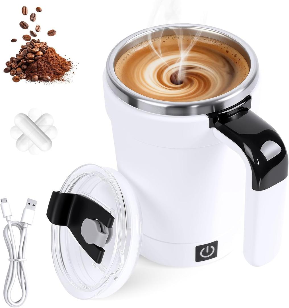Automatic Magnetic Stirring Coffee Mug with Temperature Display, Rechargeable Self Stirring Coffee Mug with Lid and Detachable Base, 12oz Electric Self Mixing Cup for Tea, Milk, Cocoa (White)