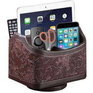 PU Leather Remote Control Organizer with 360 Spinning Design,Desk Organizer for TV Remote,Phone,Pen,Glasse,Mail,Tablet,Calculator,Controller-Home & Office Storage Caddy (Antique Brown)