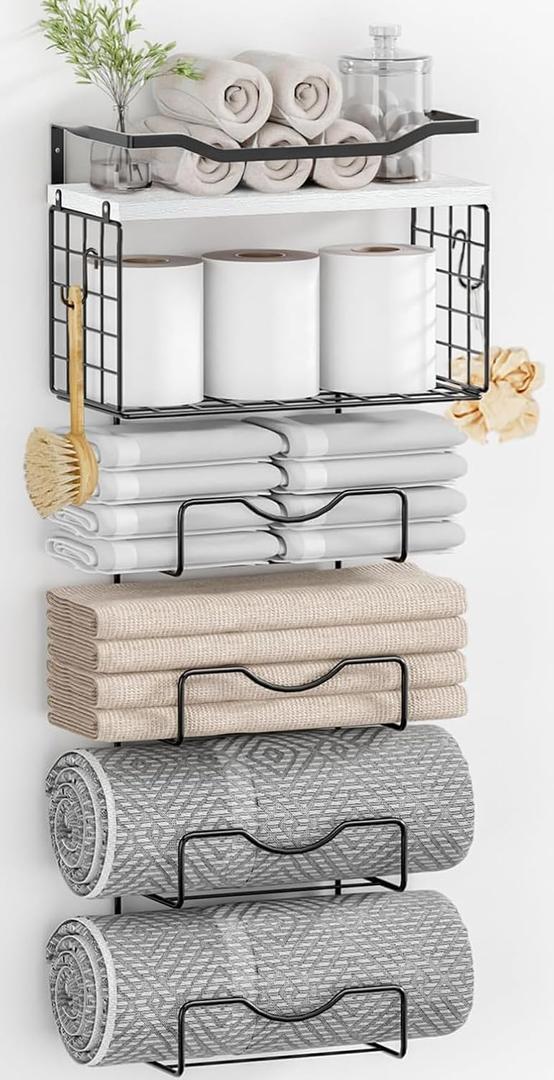 Towel Racks for Bathroom,Towel Rack Wall Mounted, 6 Tier Rolled Or Folded Towel Holder with Floating Shelves, Bathroom Towel Holder for Bath, Hand Towels,Metal,White Wood Panel (J-type Black Rack)