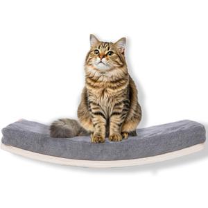 Curved Cat Shelves and Perches, Floating Cat Wall Bed with Comfortable Cushion (Wood Shelf+Grey Cushion)
