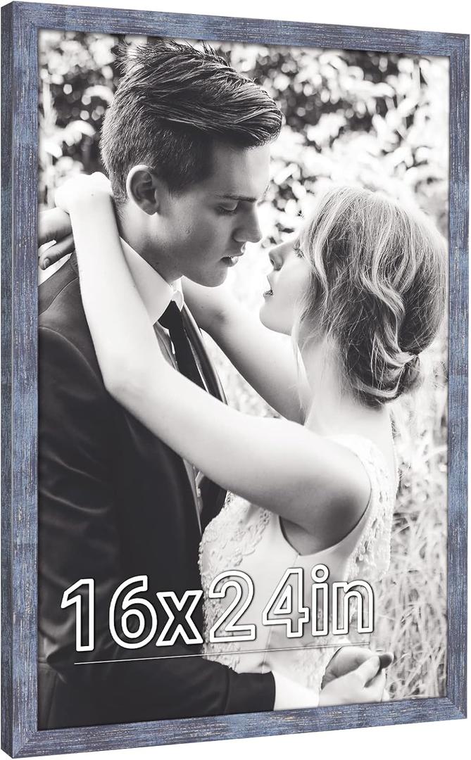 16x24 Frame Natural Blue, Rustic 24x16in Picture Frame, Distressed Navy Blue 40x60cm Photo Frame, Large 16 by 24 Canvas Painting Poster Frame, Anniversary/Birthday/Wedding/Thank you/Christmas Gift, 16x24in