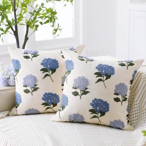 2 Pcs Blue Hydrangea Flower Throw Pillow Cover 18 x 18 Inch Decorative Embroidered Boho Jacquard Blue White Floral Pillow Cover Decor for Bed Sofa Housewarming Gift (Hydrangea)