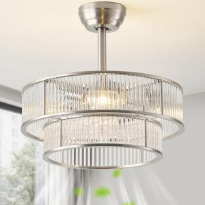 hummingbird 20 Inch Crystal Fandelier Ceiling Fan with Lights and Remote, Caged Chandelier Ceiling Fan, Quiet Reversible 6-Speed Enclosed Fan with Light for Bedroom Living Room, Silver