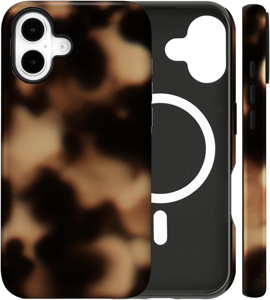 Magnetic for iPhone 16 Case Cute Tortoise Shell Phone Case, Leopard Print Shockproof Slim TPU and Hard PC Protective Cover Fit for MagSafe Designed for Women Girls, Black Amber
